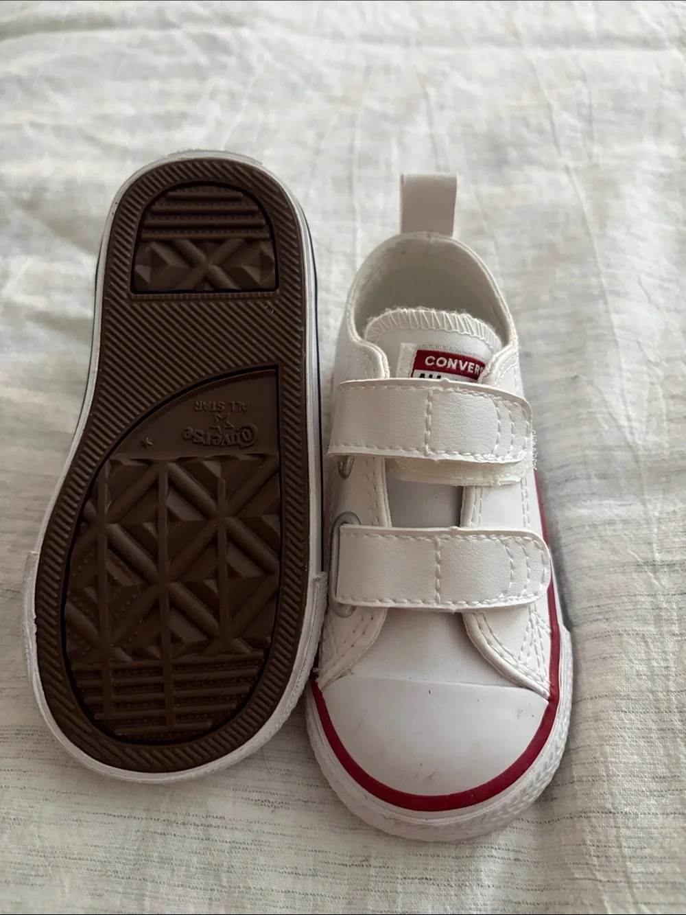 Converse White Kids Velcro Canvas Sneakers with Red Trim